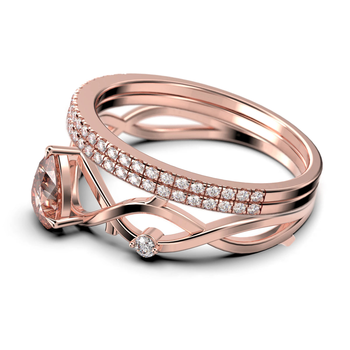 2.10 Carat Pear Cut Morganite And Diamond Moissanite Engagement Ring In 925 Sterling Silver With 18K Rose Gold Plating, Trio Ring Set U3796