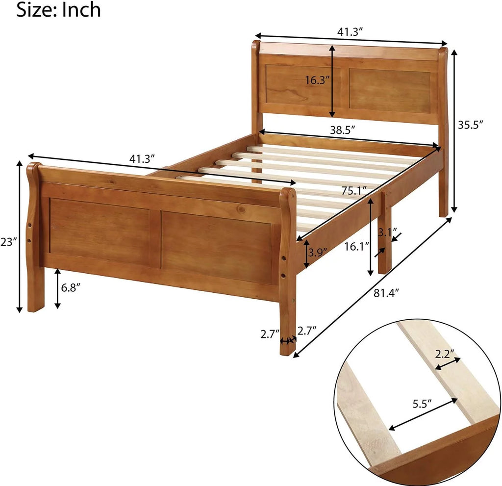 Oak Wood Sleigh Bed with Headboard and Footboard P500