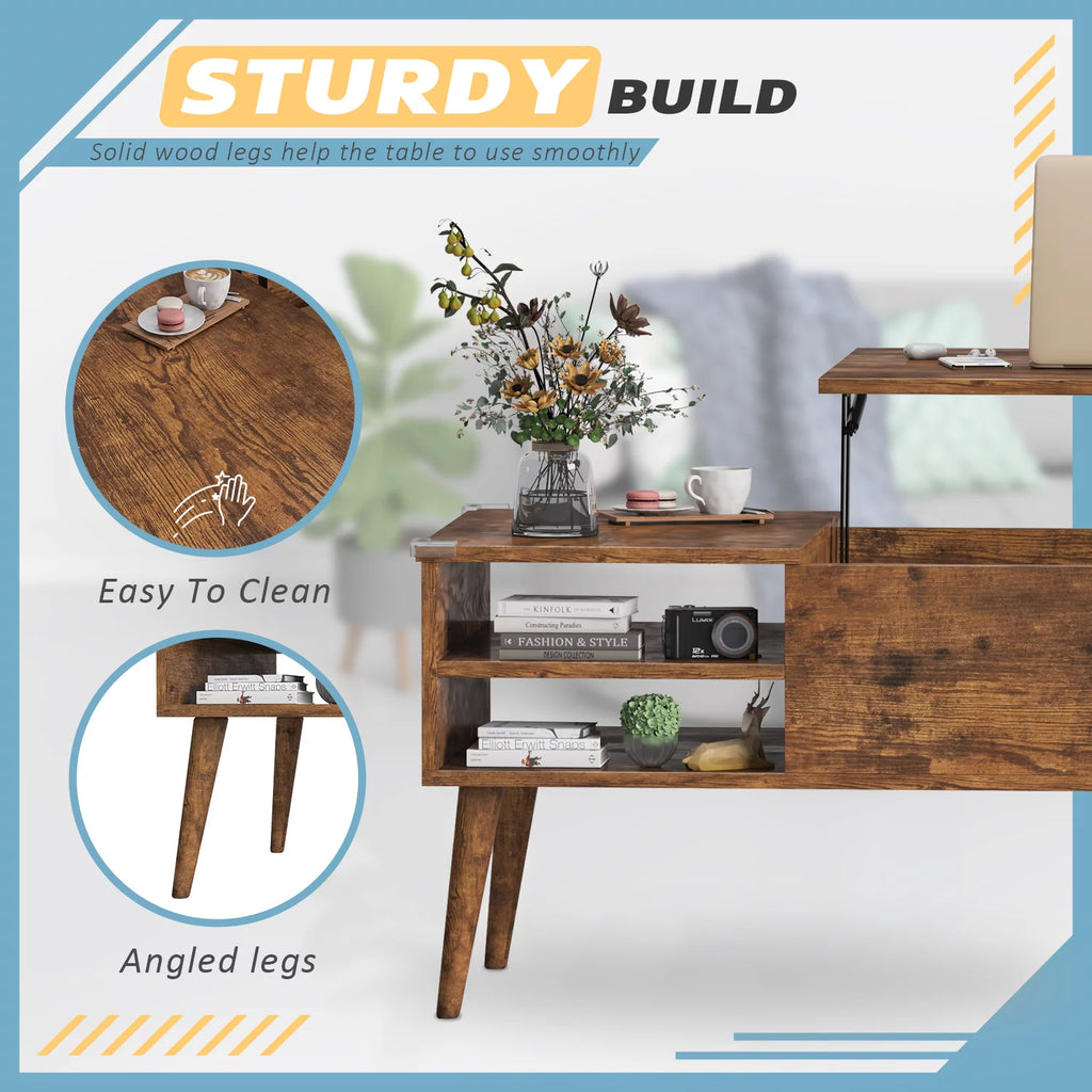 39-Inch Wood Lift Top Coffee Table with Hidden Compartment and Storage Shelf N595