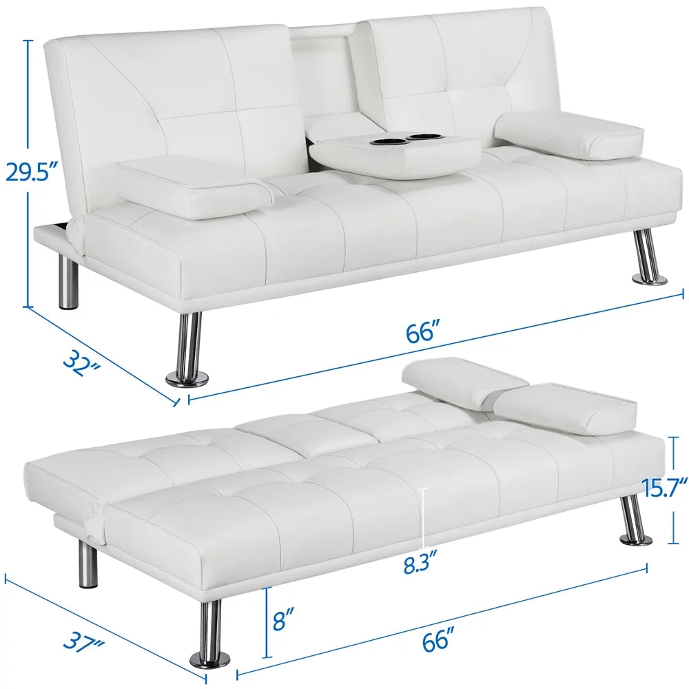 White Faux Leather Futon with Cupholders and Pillows D378139