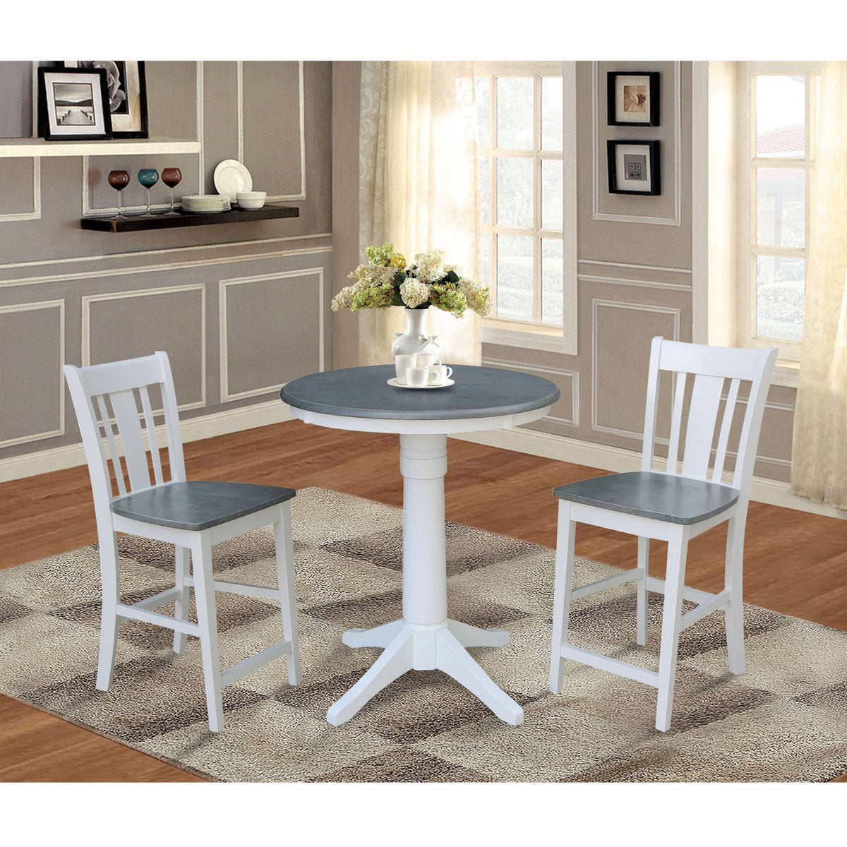 30 in. Round Pedestal Gathering Height Table with 2 Counter Height Stools I1588