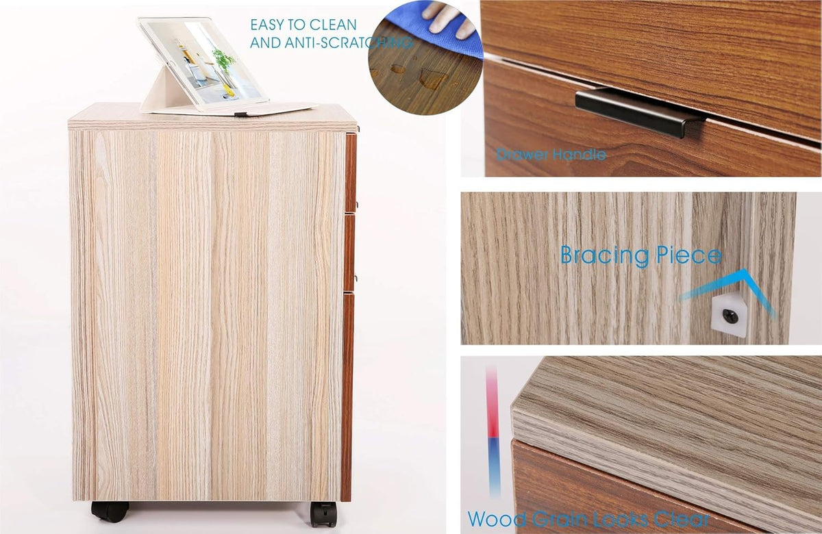 3 Drawer Rolling Wood File Cabinet with Locking Wheels O42905