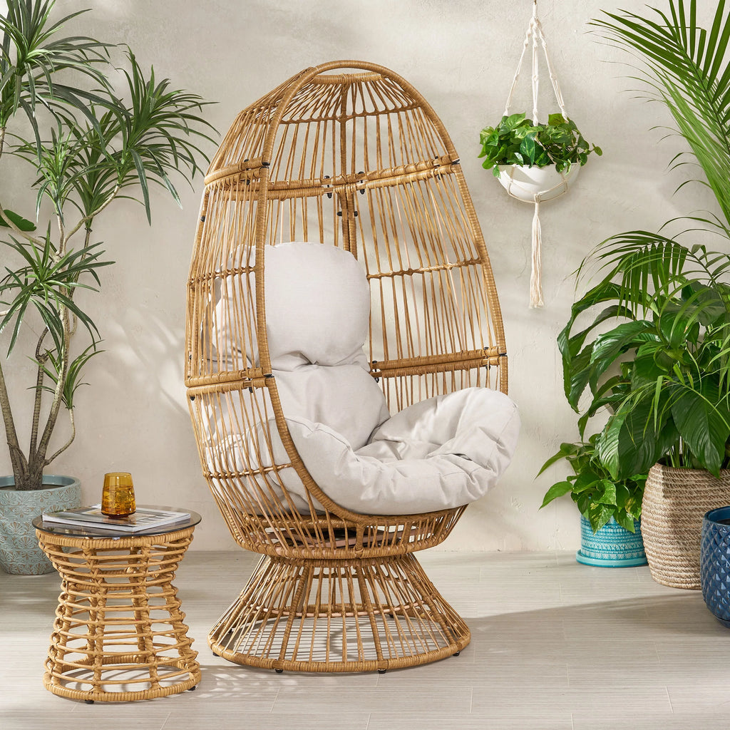 Light Brown Wicker Swivel Egg Chair with Cushion M185
