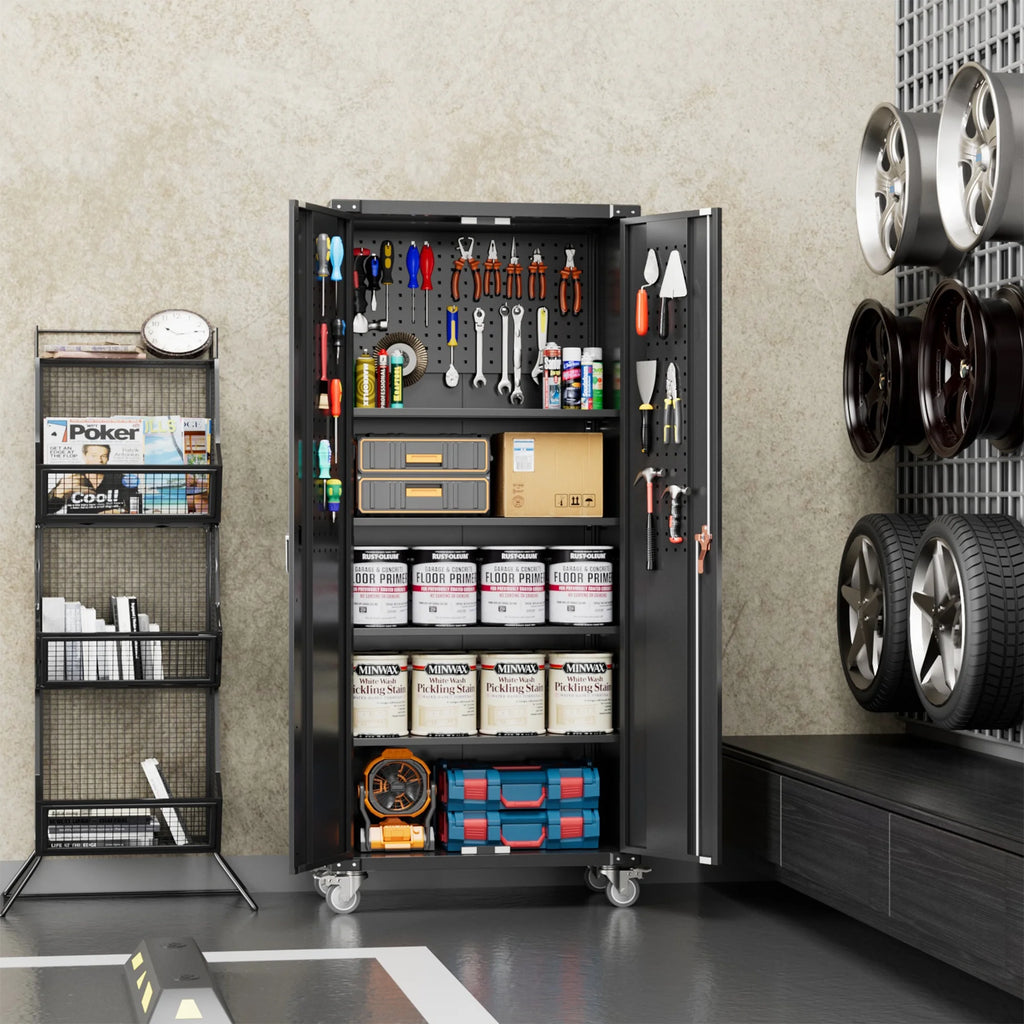 72” Locking Metal Garage Storage Cabinet with Wheels & Pegboards, Black V415
