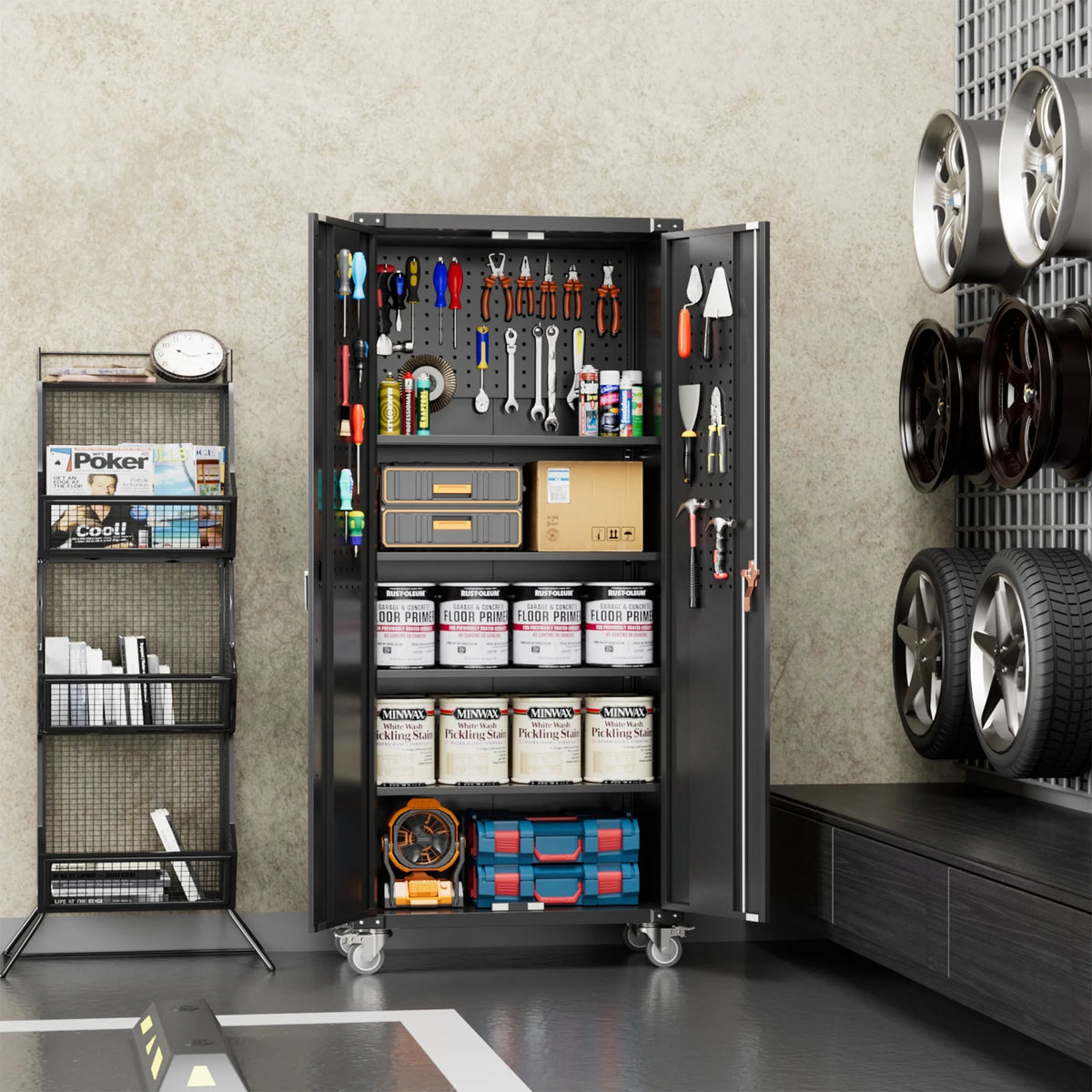 72” Locking Metal Garage Storage Cabinet with Wheels & Pegboards, Black V415