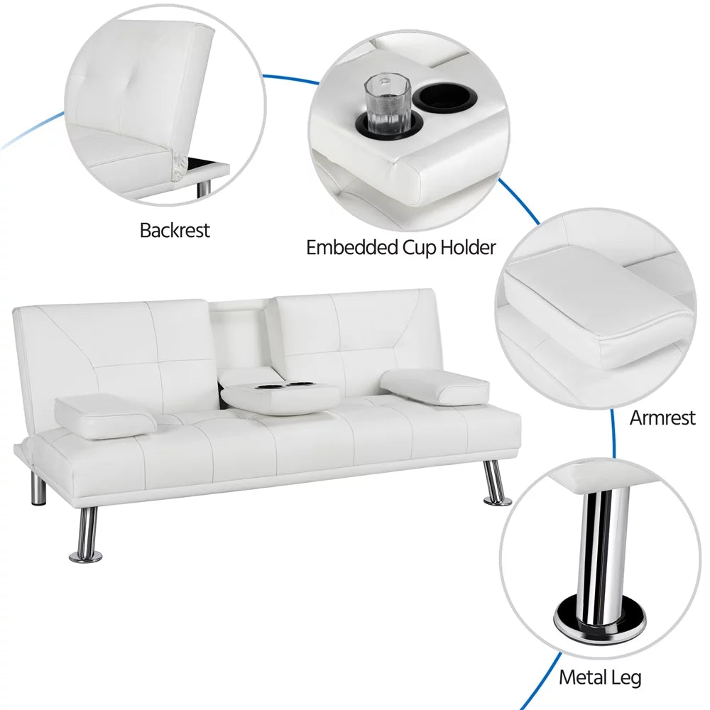 White Faux Leather Futon with Cupholders and Pillows D378139