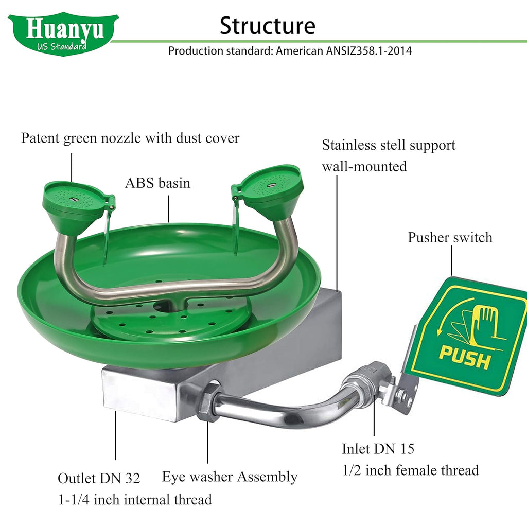 Eye Wash Station Wall Mount Stainless Steel Emergency Eyewash Station with Eye Wash Sign J1250