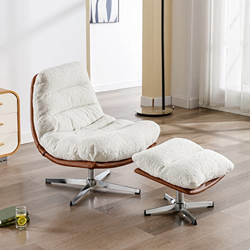 Ivory Linen Oversized Swivel Lounge Chair with Ottoman Q576196