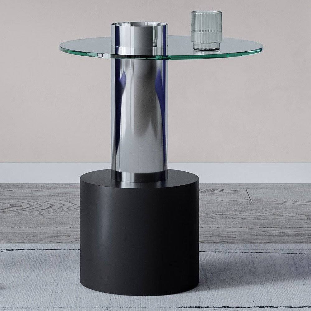 Clear Glass End Table with Stainless Steel and Black Base I24122