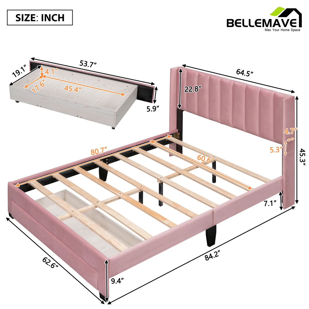 Queen Size Pink Velvet Upholstered Wood Platform Bed with Drawer W2935