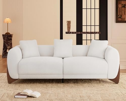 White 3 Seater Sherpa Boucle Sofa with Wood Legs W9388