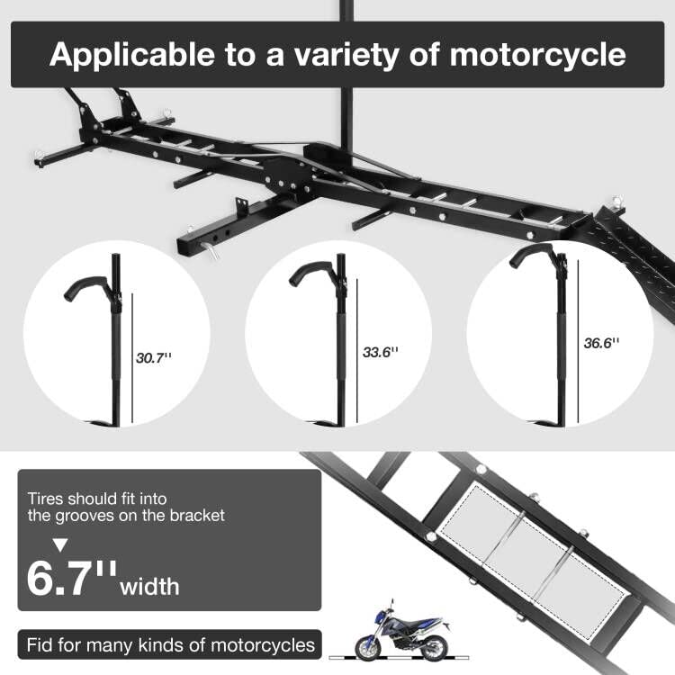 Motorcycle Carrier Hitch Mount 500 Lbs Dirt Bike Carrier Hauler Hitch Rack with Fixed Bracket and Lock Wheel Settings Removable Loading Ramp Anti-Tilt Locking Device K708462