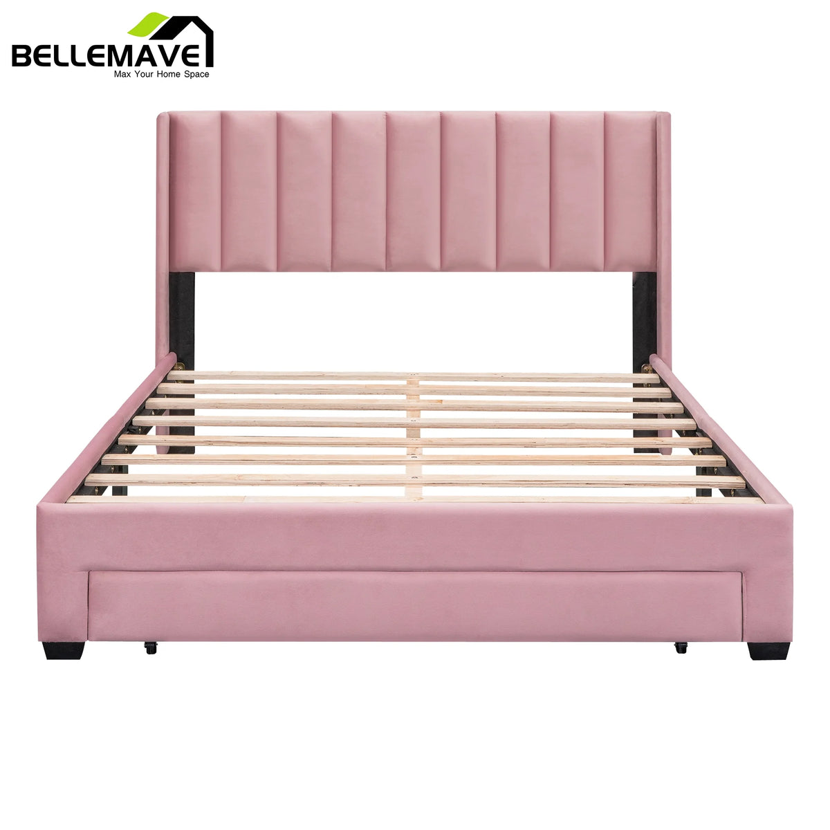 Queen Size Pink Velvet Upholstered Wood Platform Bed with Drawer W2935