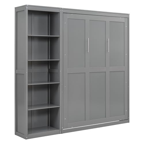 Full Murphy Bed with Storage Bookcase Shelves, Wood Folding Grey Wall Bed Cabinet Y6485