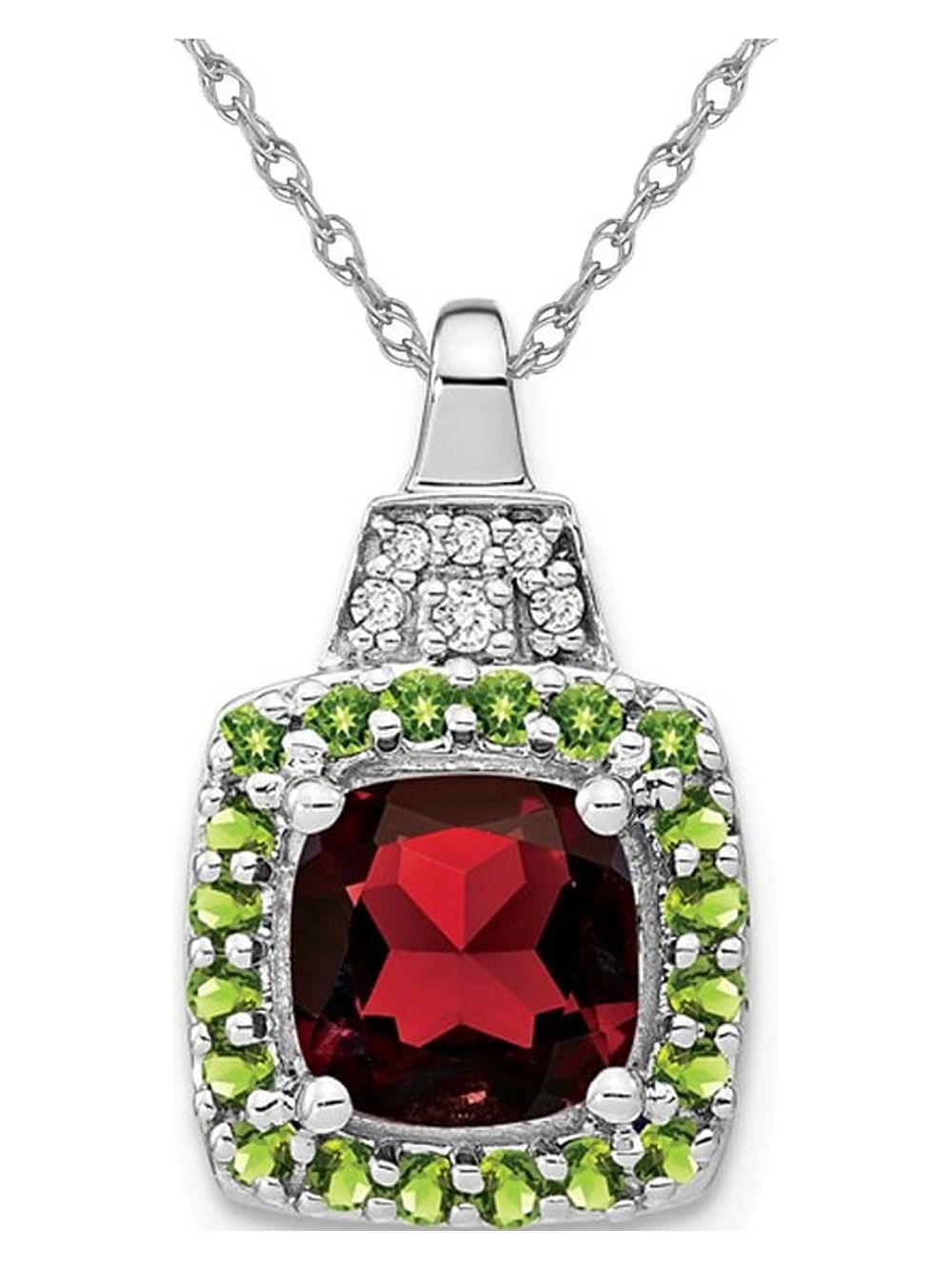 14K White Gold Garnet and Peridot Pendant Necklace with Chain G8136