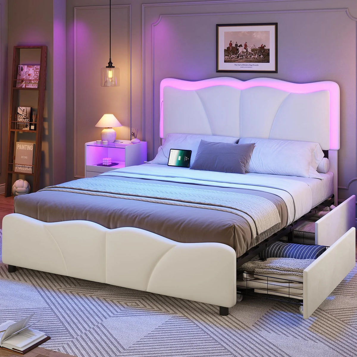 White Velvet Queen Bed Frame with Storage Drawers Z6897