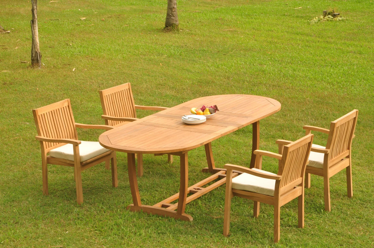 Grade-A Teak 5 Pc Dining Set with Oval Trestle Leg Table and 4 Stacking Arm Chairs V8191