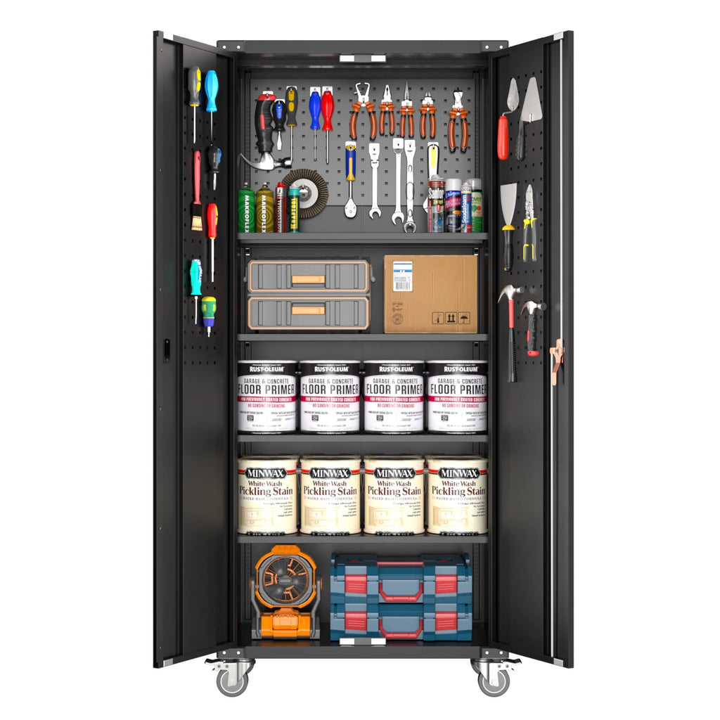 72” Locking Metal Garage Storage Cabinet with Wheels & Pegboards, Black V415