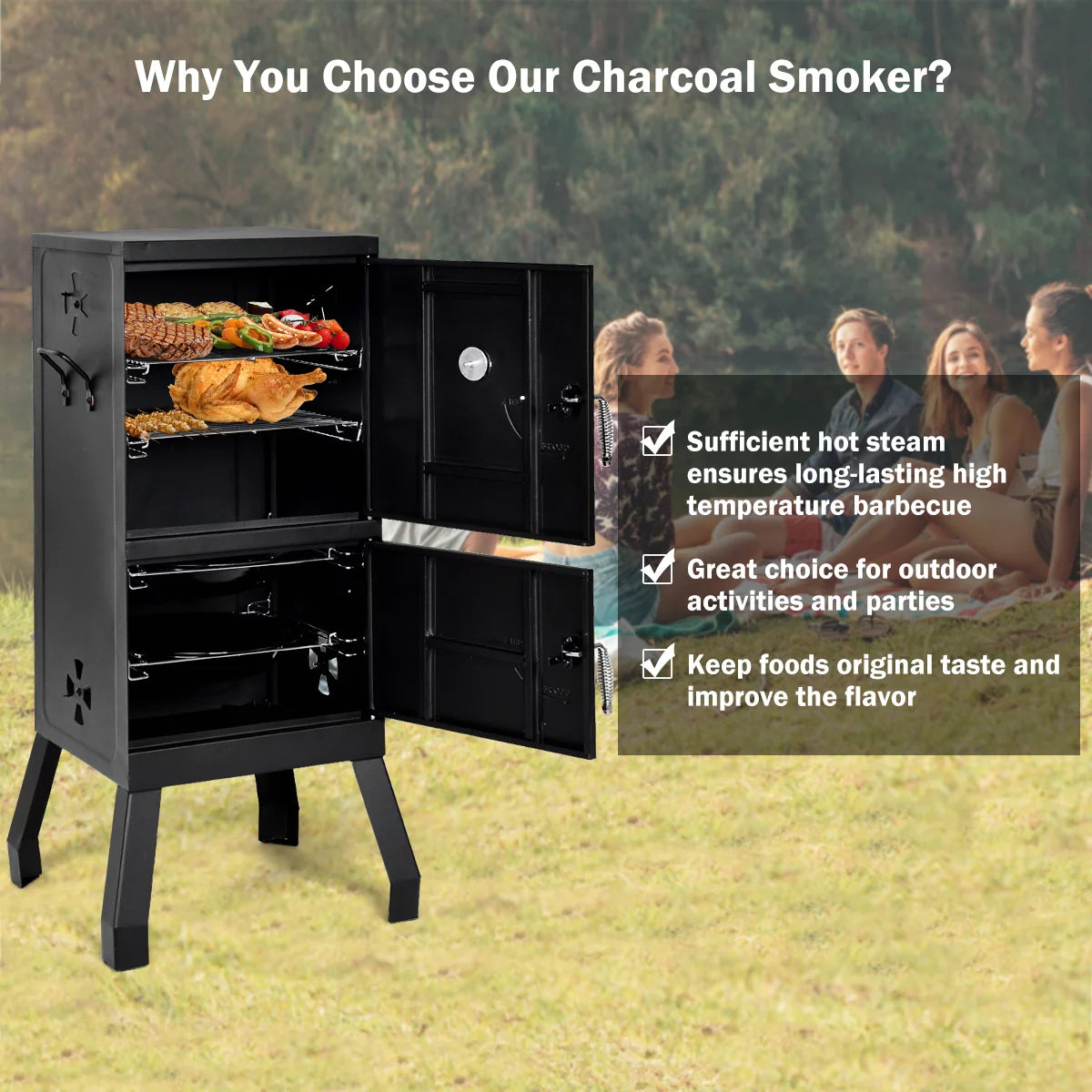 Vertical Charcoal Smoker BBQ Grill with Temperature Gauge M523
