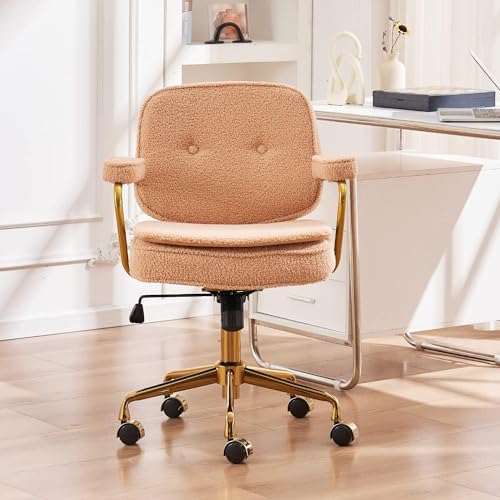 Camel Boucle Desk Chair with Wheels and Arms and Gold Metal Legs M81466