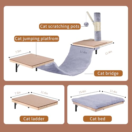 Beige Cat Wall Furniture Set with Hammock and Scratching Post W553164