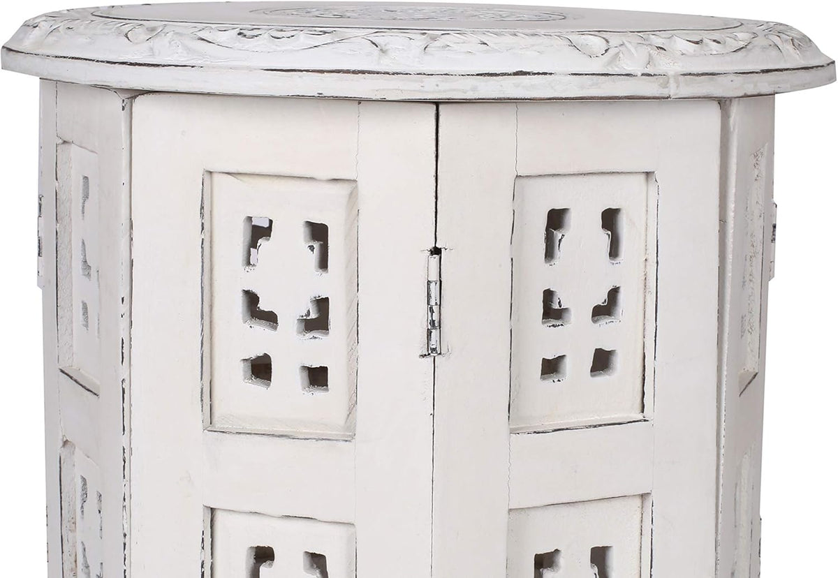 White 12 Inch Solid Wood Hand Carved Accent Table X845303