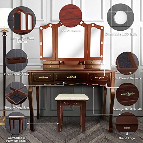 Tri-Folding Mirrors 7 Drawers Makeup Dress Table with Cushioned Stool Espresso M948120