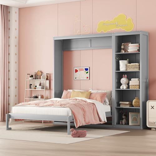 Full Murphy Bed with Storage Bookcase Shelves, Wood Folding Grey Wall Bed Cabinet Y6485