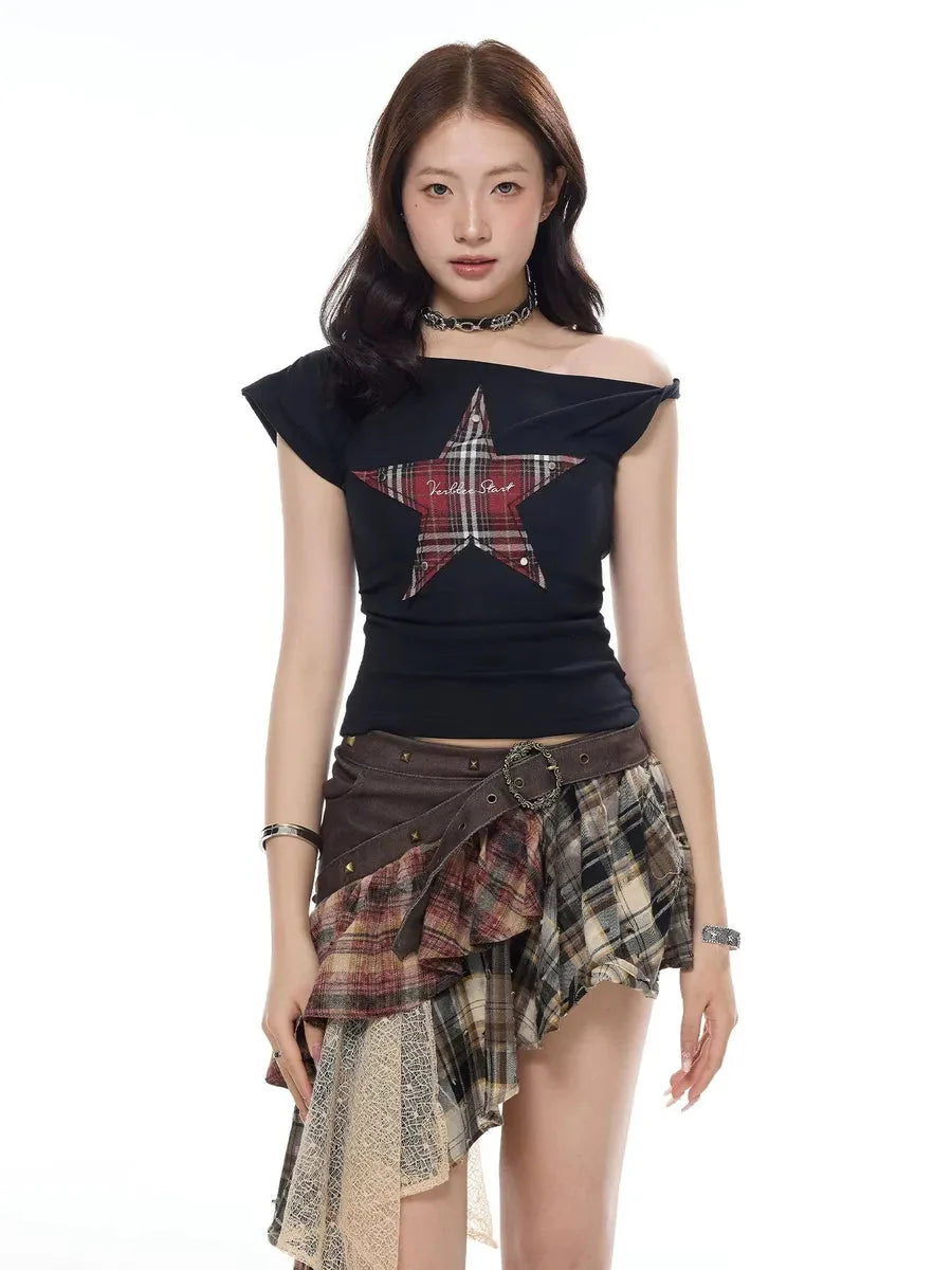 Irregular Plaid Ruffle Skirt T6842