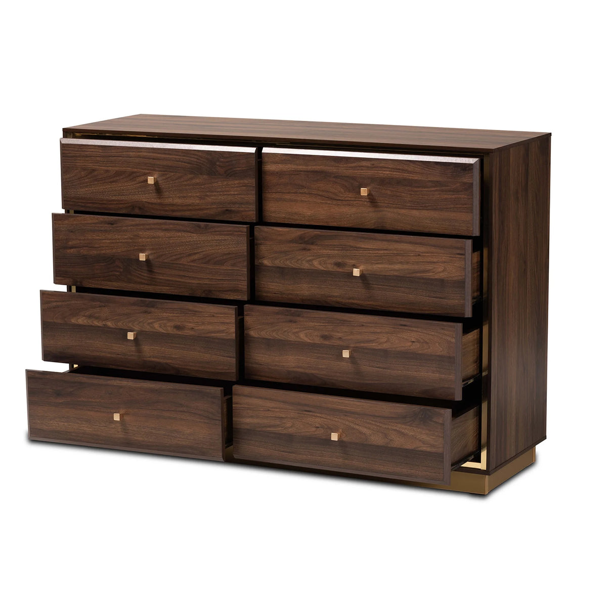 Walnut Brown Wood and Gold Metal 8-Drawer Dresser J803