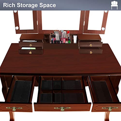 Tri-Folding Mirrors 7 Drawers Makeup Dress Table with Cushioned Stool Espresso M948120