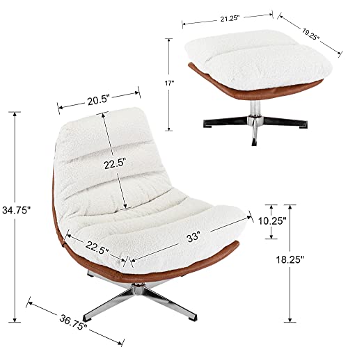 Ivory Linen Oversized Swivel Lounge Chair with Ottoman Q576196