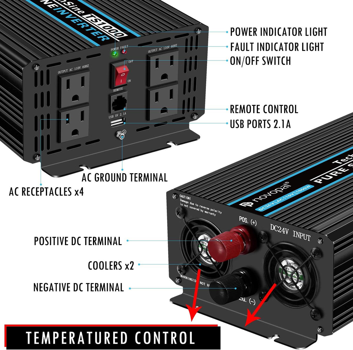 1500 watt Pure Sine Wave Power Inverter 12V to 110V/120V 4 AC Outlets N9306