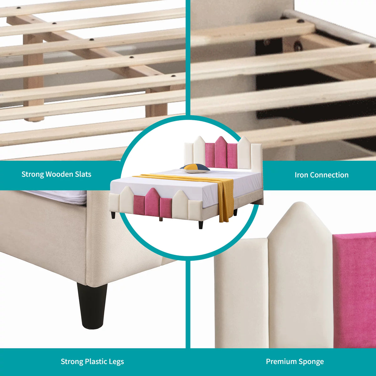 Pink and White Upholstered Twin Platform Bed Frame with Headboard B7733