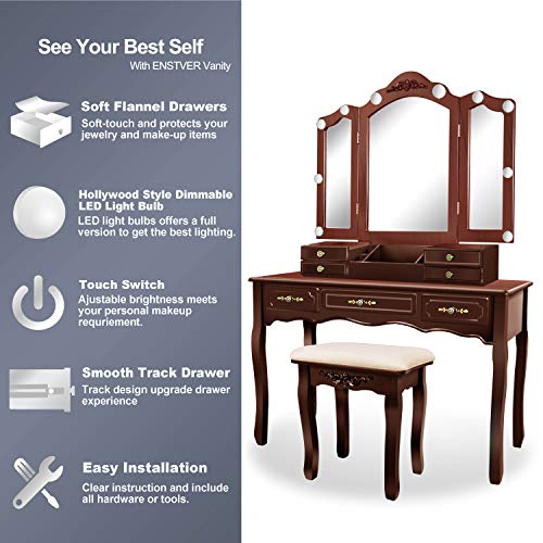 Tri-Folding Mirrors 7 Drawers Makeup Dress Table with Cushioned Stool Espresso M948120