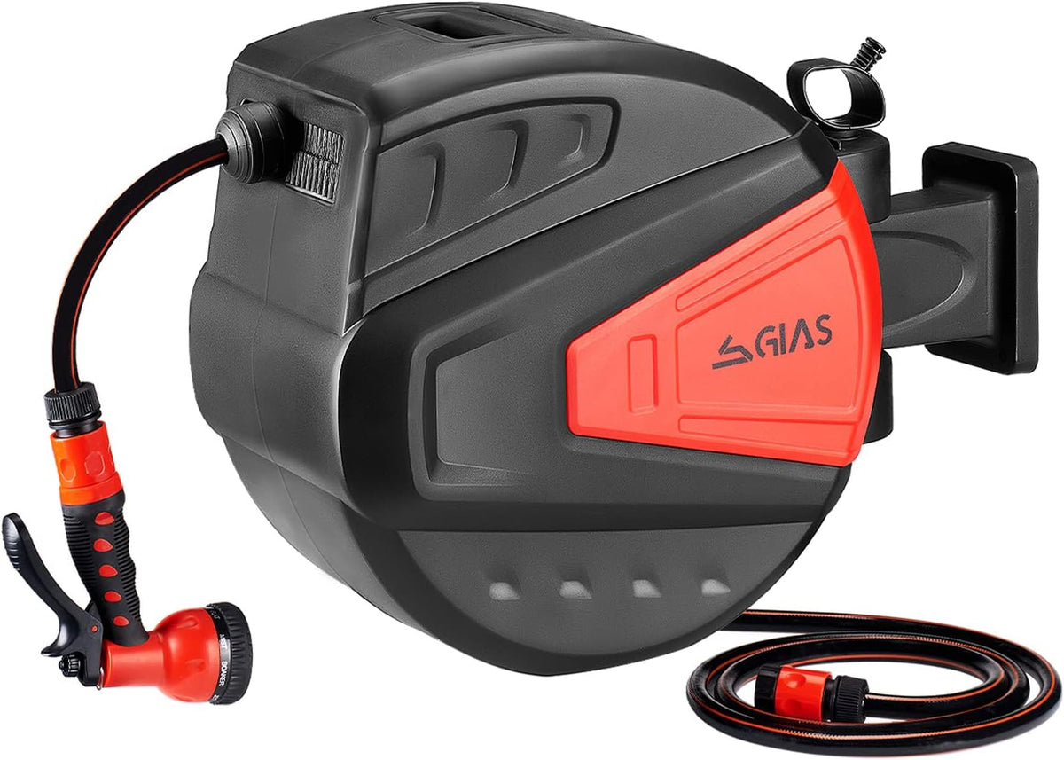 Retractable Garden Hose Reel 1/2 x 98.5 ft, Heavy Duty Wall Mounted with 180° Swivel Bracket, 9 Pattern Nozzle, Auto Rewind (Black) P9229