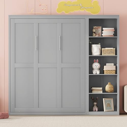 Full Murphy Bed with Storage Bookcase Shelves, Wood Folding Grey Wall Bed Cabinet Y6485