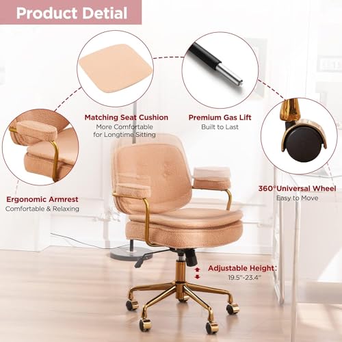 Camel Boucle Desk Chair with Wheels and Arms and Gold Metal Legs M81466