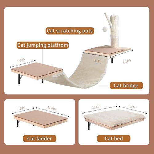 Beige Cat Wall Furniture Set with Hammock and Scratching Post W553164