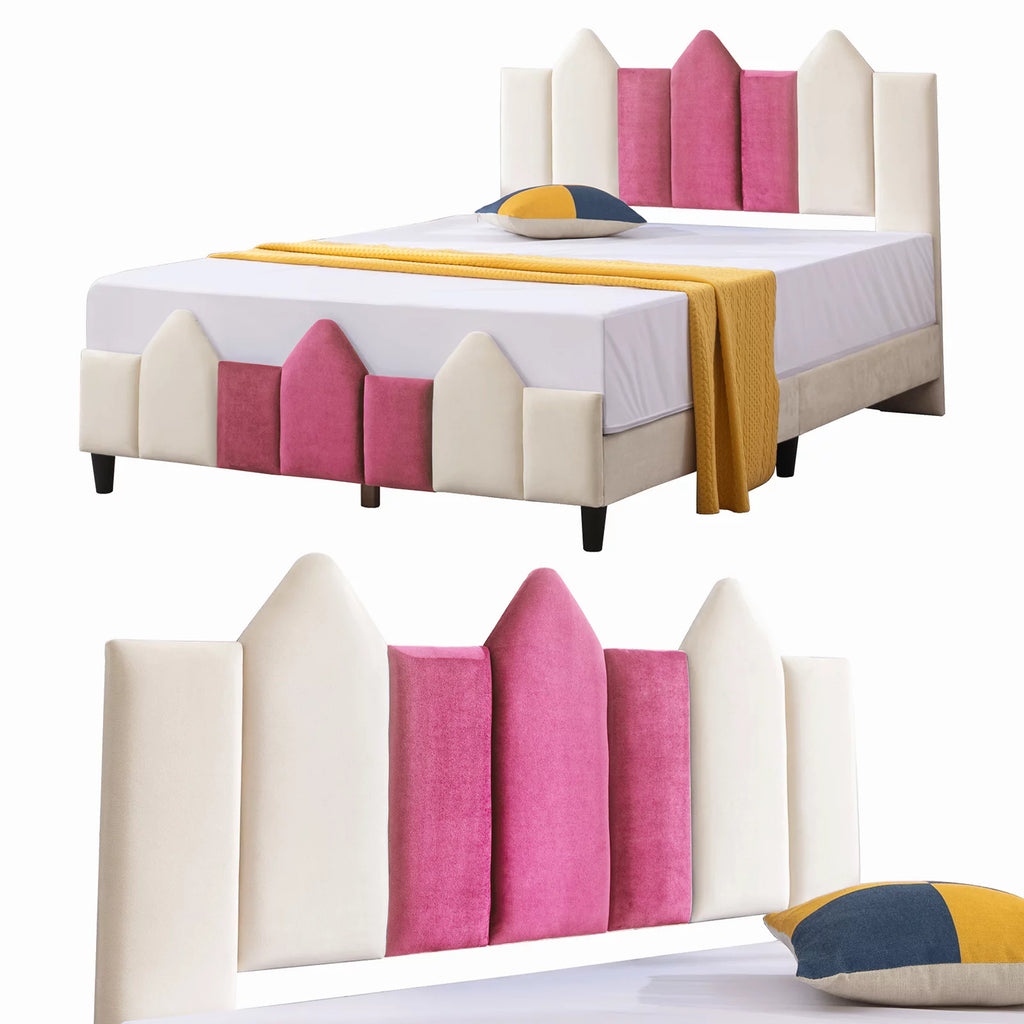 Pink and White Upholstered Twin Platform Bed Frame with Headboard B7733
