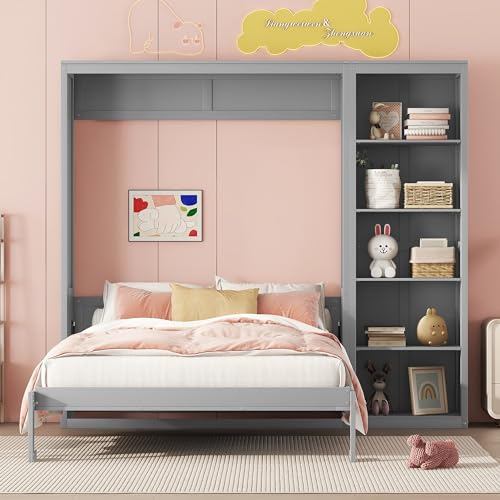 Full Murphy Bed with Storage Bookcase Shelves, Wood Folding Grey Wall Bed Cabinet Y6485