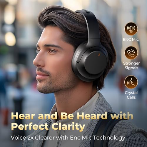 Black Active Noise Cancelling Wireless Bluetooth Headphones Over Ear with ENC Mic O11339