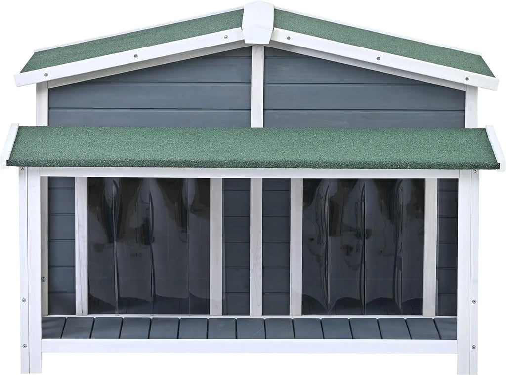 Gray Green Wooden Dog House with Porch 2 Doors I76606