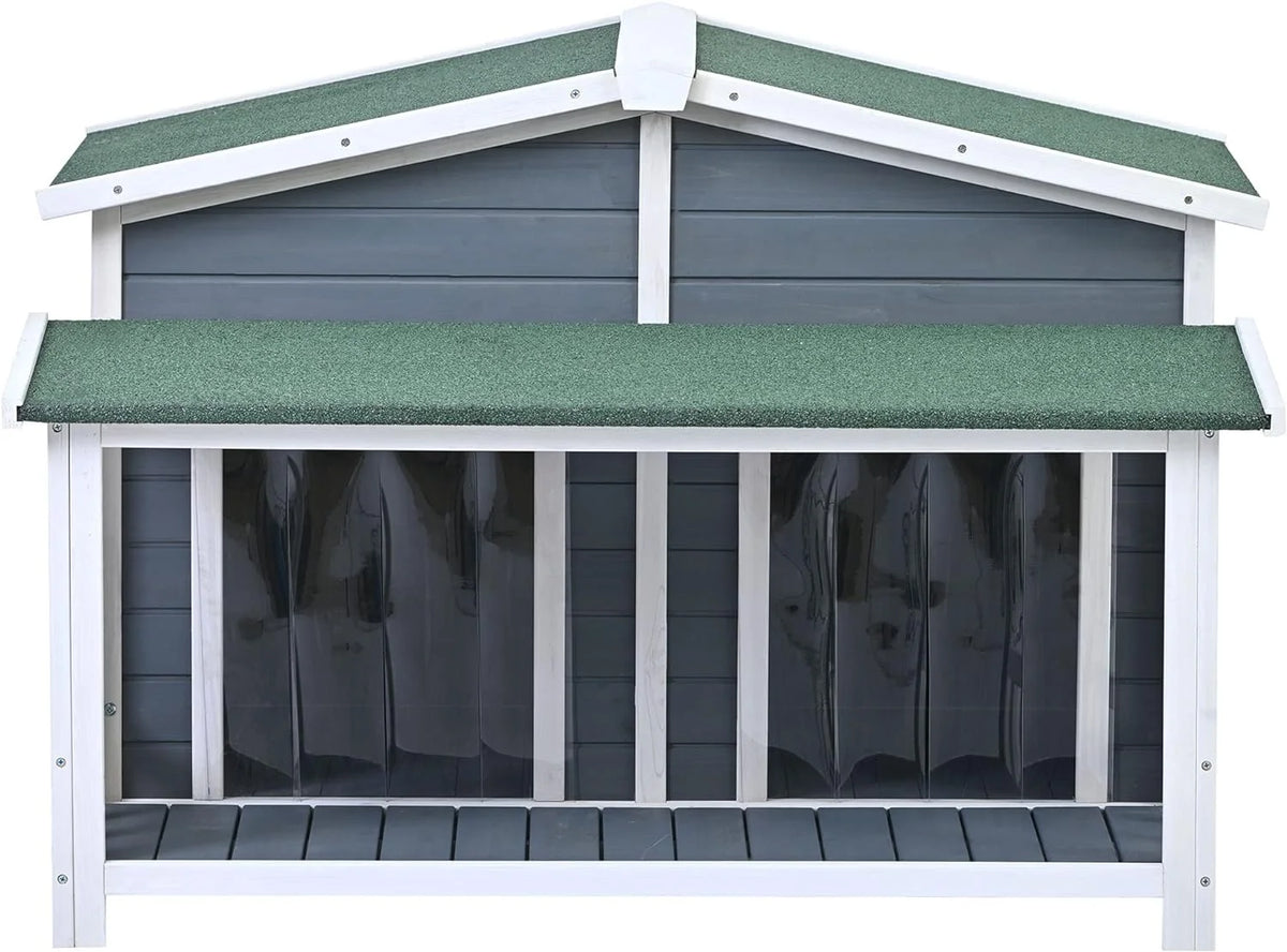 Gray Green Wooden Dog House with Porch 2 Doors I76606