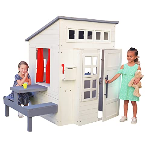 Modern Outdoor Wooden Playhouse with Picnic Table, Mailbox and Outdoor Grill Q68435
