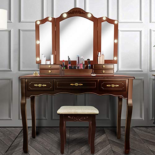 Tri-Folding Mirrors 7 Drawers Makeup Dress Table with Cushioned Stool Espresso M948120