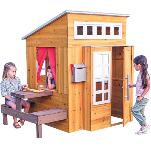 Modern Outdoor Wooden Playhouse with Picnic Table, Mailbox and Outdoor Grill Q68435