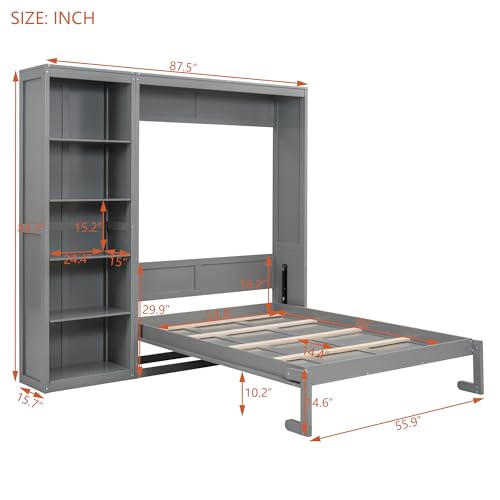 Full Murphy Bed with Storage Bookcase Shelves, Wood Folding Grey Wall Bed Cabinet Y6485