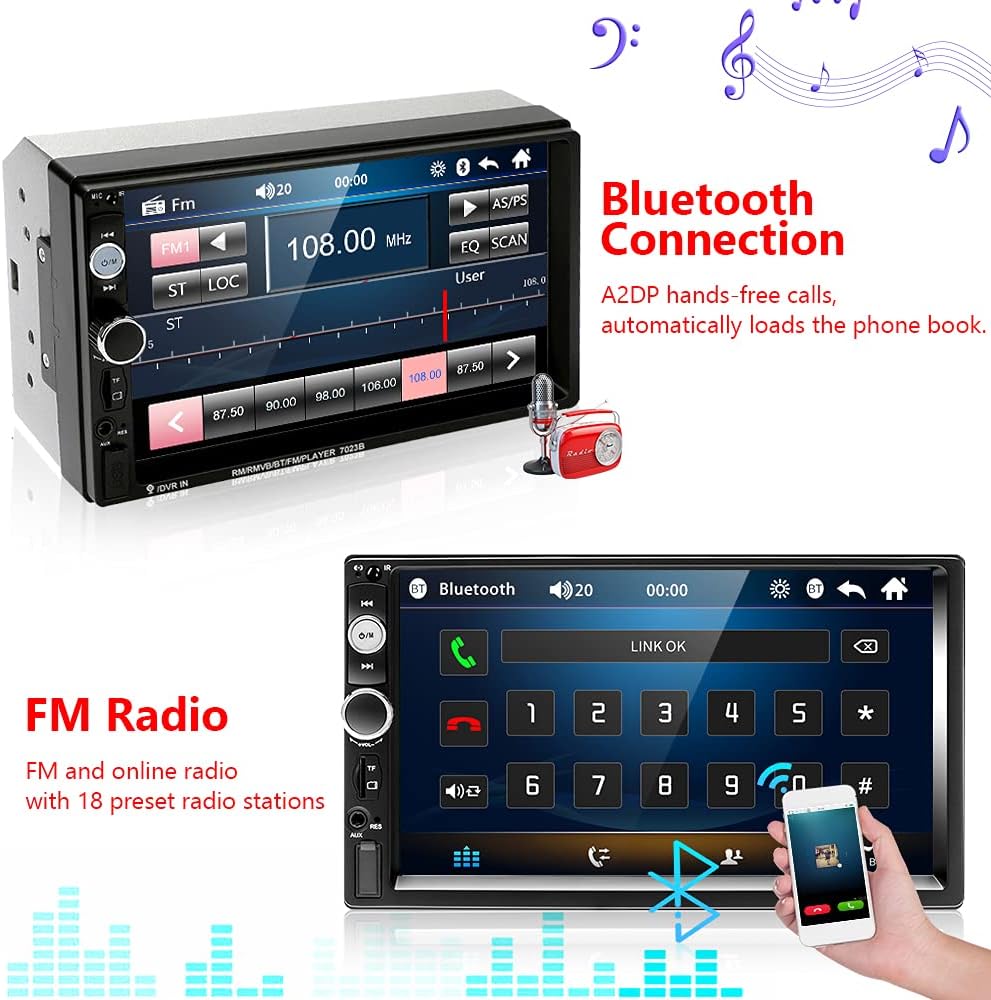 Double Din Car Stereo with Bluetooth, 7 Inch Touch Screen Car Radio MP5 Player with Backup Camera C144
