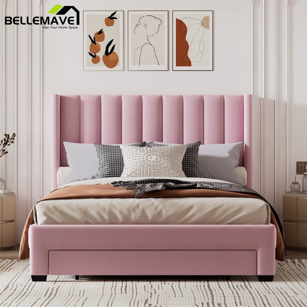 Queen Size Pink Velvet Upholstered Wood Platform Bed with Drawer W2935